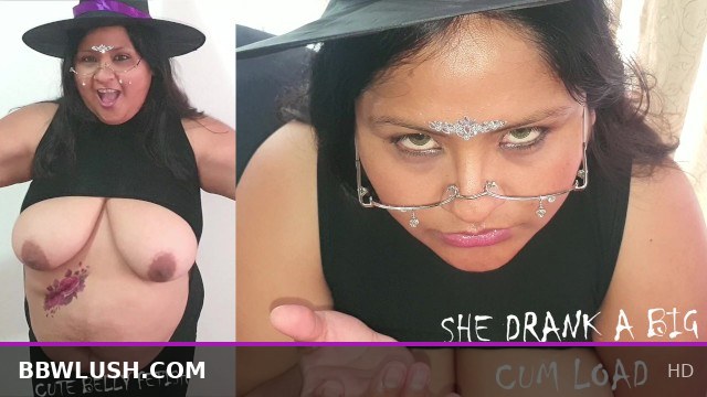 Halloween Naughty Fun: Curvy Babe Shows Off Her Belly and Swallows Deep